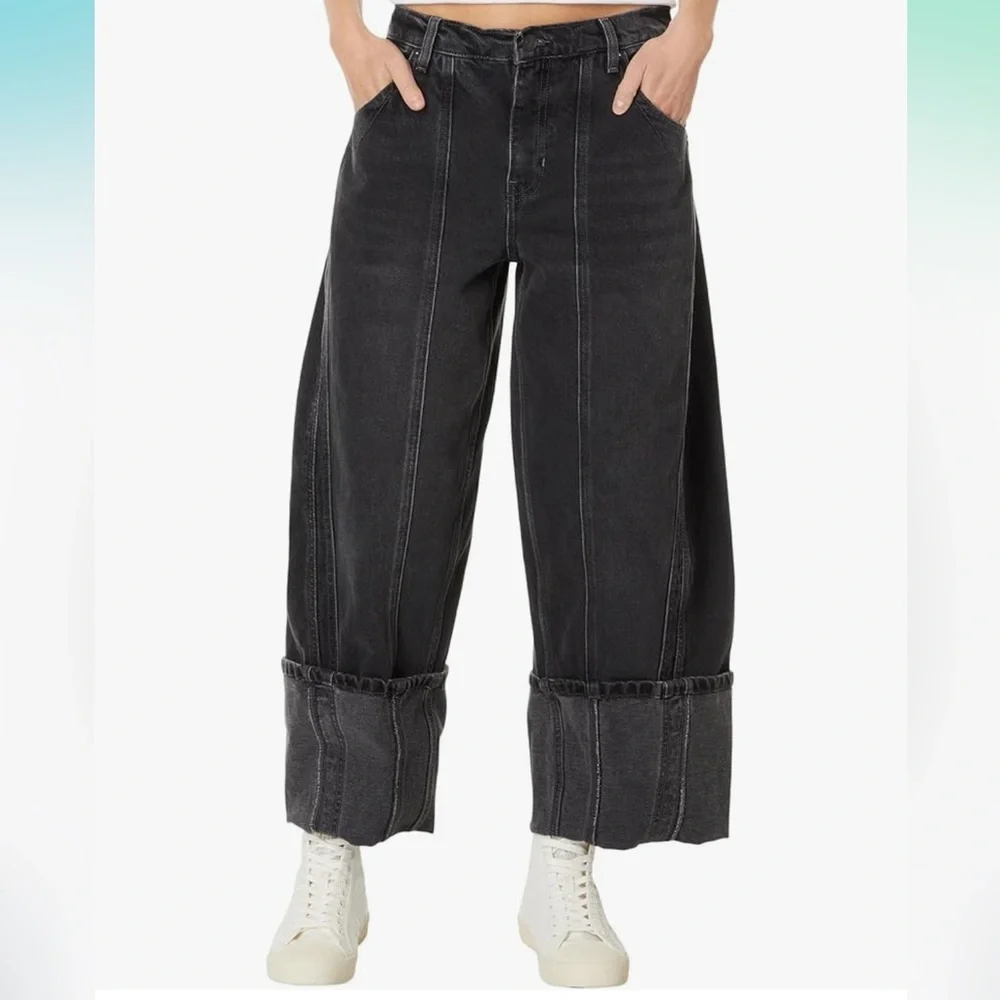 Free People Olsen Black Cuffed Barrel Jeans Sizes NWT SIZE 27 - Picture 1 of 8